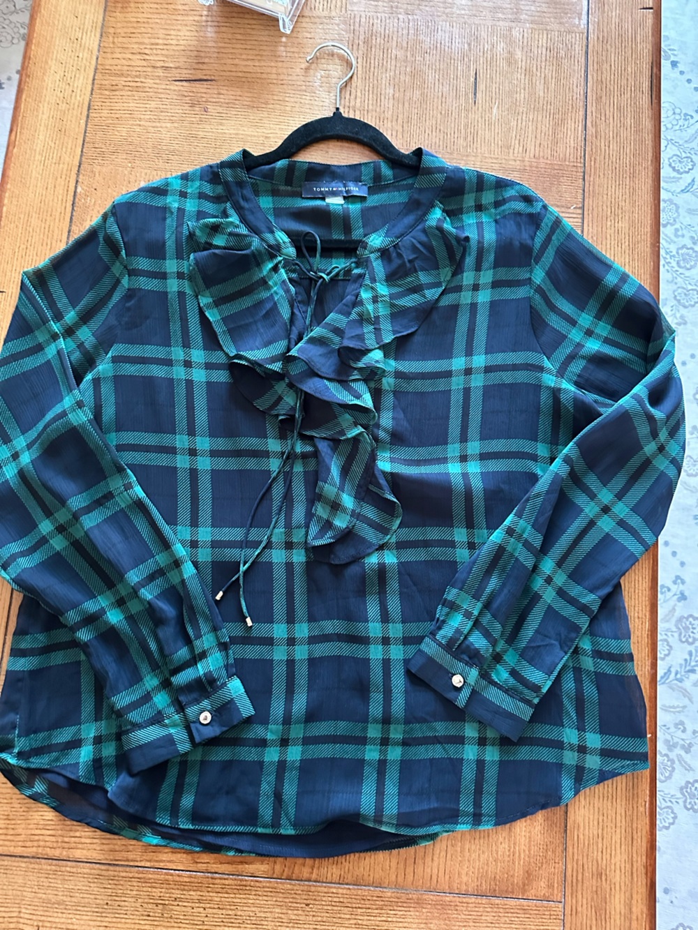 Tommy Hilfiger Black and Green Plaid Ruffle Tie-Neck Blouse